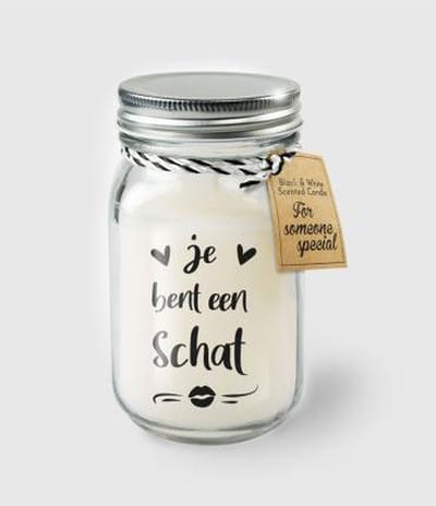 Kaars - Je bent een schat - Lichte vanille geur - In glazen pot - In cadeauverpakking met gekleurd lint