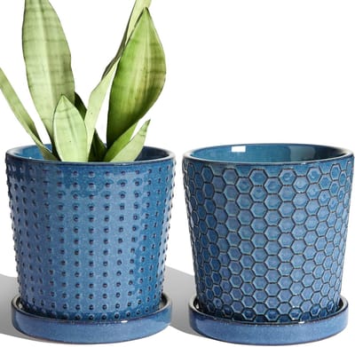 Keramische plantenpotten 5,5 inch - set van 2 met afvoergat en schotel, indoor bloempotten met reactief glazuur blauw