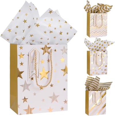 Middelgrote cadeauzakken met inpakpapier in goudpatroon voor kerst, verjaardagen en bruiloften - 4 stuks, 9.1 x 7.1 x 4 inch, ideaal voor feestelijke cadeauverpakking