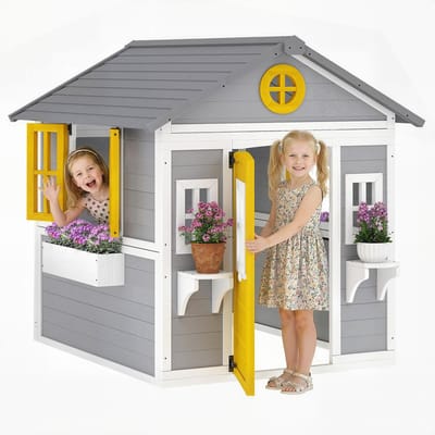 Outsunny Kinderspeelhuisje-Dennenhout-112L x 126B x 135H cm-Grijs