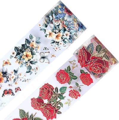 2 rollen decoratief plakband - 2 m x 6 cm - diermotief - rood - roze - bloemenpatroon - transparant - breed - esthetisch - zelfklevend - voor dagboek - fotoalbum - decoratie - 4 x 6 cm - knutselen - hobbyprojecten