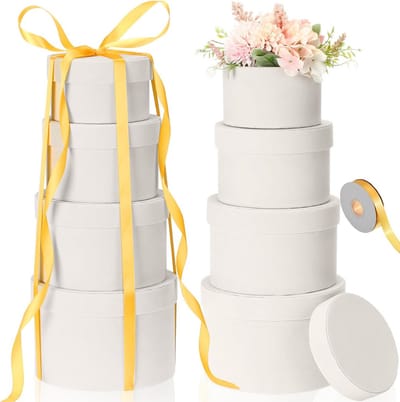 8 Ronde Luxe Geschenkdozen Set met Deksel en Lint - Nestbaar - Wit Fluweel Effect - Voor Cadeaus, Bloemen, Bruiloft en Feestdagen