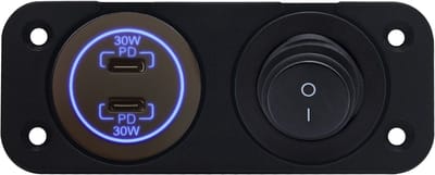 ProRide 12-24V USB C Autolader 2 Poorten Inbouw - 30W+30W - Tuimelschakelaar - Tweevoudig Paneel - Blauw