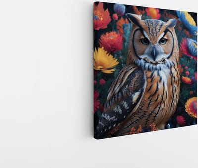 Saammp Canvas Schilderij - Uil tussen kleurrijke bloemen - Abstract - Dieren - 30x30 - Foto op canvas - Wanddecoratie - muurdecoratie Woonkamer - Slaapkamer decoratie - Canvas Print