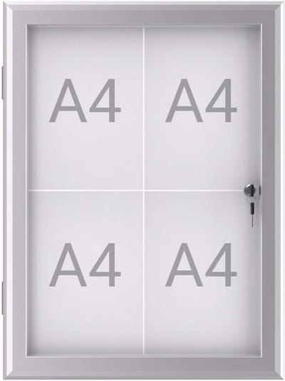 Showbox voor Presentaties 4 x A4 met Aluminium Frame en Glazen Deur