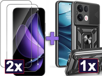 Casemania Hoesje & Glas Geschikt voor Oppo Reno 13 Pro - Zwart & 2x Glazen Screenprotector - Anti-Shock Hybrid Armor Back Cover - Hoes met Kickstand Ring en Camera Bescherming
