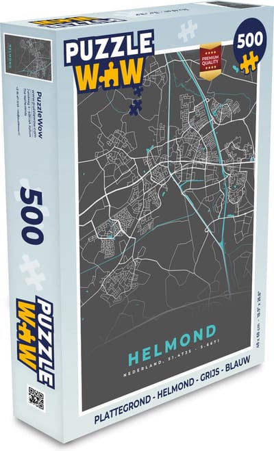 Puzzel Plattegrond - Helmond - Grijs - Blauw - Legpuzzel - Puzzel 500 stukjes - Stadskaart