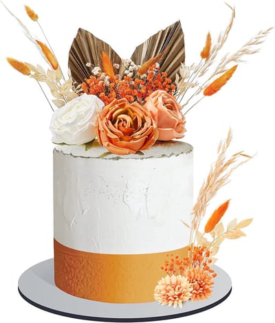 ‌JeiibrZui Verjaardagstaartdecoratie - Bloementaarttopper - Boho Taartdecoraties Met Natuurlijke Gedroogde Bloemen En Palmbladeren - 1 Set - Feestelijke Decoratie Voor Vrouwen Oranje