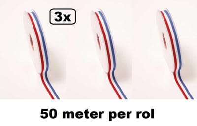 3x Medaille lint rood/wit/blauw 50 meter - 10mm - Koningsdag Carnaval holland nederland national medaille lint thema feest kampioen