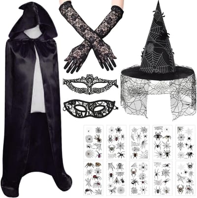 Dames Halloween kostuum met capuchon, hekserij outfit, hekserhoed en kant handschoenen voor een spookachtige look