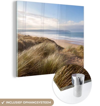 MuchoWow® Glasschilderij 50x50 cm - Schilderij acrylglas - Zee - Duin - Planten - Foto op glas - Muurdecoratie woonkamer - Wanddecoratie slaapkamer - Schilderijen