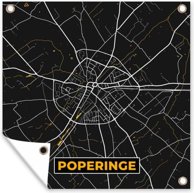 Tuin poster Stadskaart - Poperinge - Black en gold - Plattegrond - Kaart - 200x200 cm - Tuindoek