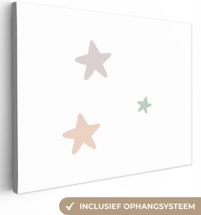 Canvas kinderen - Slaapkamer decoratie - Sterren - Pastel - Wit - Patroon - Muurdecoratie kinderkamer - Schilderij voor kinderen - 40x30 cm - Canvasdoek Kids