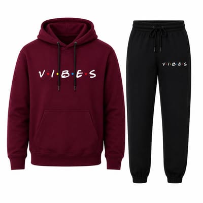 Trainingspak Heren - Joggingpak met Hoodie en Sportbroek - Katoen - Vibes print - Rood - XS