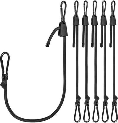 Dailygoods - Flintronic Bungee koorden met haken, 6 stuks 8 mm x 90 cm verstelbare bungeekoorden met karabijnhaak, zwaar belastbare rubberen zwarte bungee-riemen met metalen gesphaken voor buiten, fiets, camping
