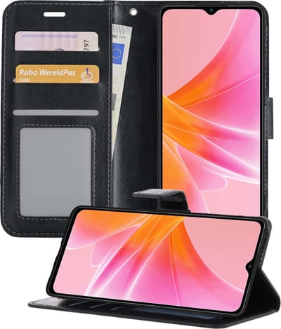 Hoesje - Met Pasjeshouder - Geschikt voor OPPO A17 - Luxe Bookcase Portemonee - Flip Case - Kunstleer Book Case - Flipcase - Book Cover - Walletcase - Portemonneehoes - Telefoonhoesjes - Zwart