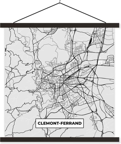 Posterhanger incl. Poster 60x60 cm - Schoolplaat - Stadskaart - Frankrijk - Kaart - Clemont-Ferrand - Plattegrond - Textielposter - Zwarte latten - Stadskaart