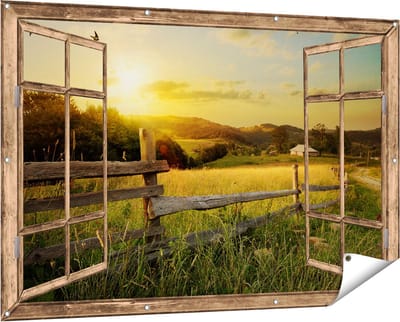Gards Tuinposter Doorkijk Boerderij Hekken op het Grasveld - 150x100 cm - Tuindoek - Tuindecoratie - Wanddecoratie buiten - Tuinschilderij