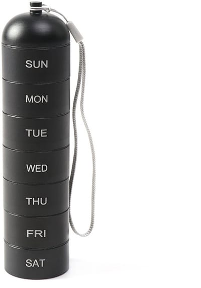 Pillendoosje voor één week met koord, groot metalen formaat, geschikt voor dagelijks gebruik (7 dagen) - Zwart