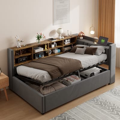 DESMIU Gestoffeerd Bed 90x200 cm – Nachtlamp En Oplaadpunten – Hydraulische Opbergruimte Met Zijvakken – Voor Logeerkamer – Fluweel – Donkergrijs – Zonder Matras