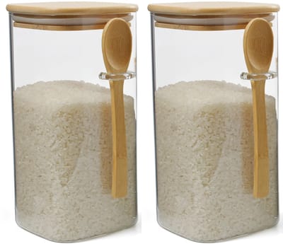 maxxo Bamboo 1200 ml, twee stuks voorraadpotten van glas met deksel, bamboedeksel, bamboelepel, luchtdicht, voedselopslag, meel, noedels