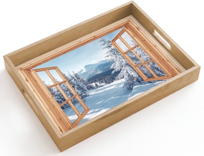 Dienblad hout 40x30 cm - Schootdienblad - Doorkijk - Winterlandschap - Natuur - Berg - Bomen - Hout - Borrelplank rechthoek - Plateau dienbladen