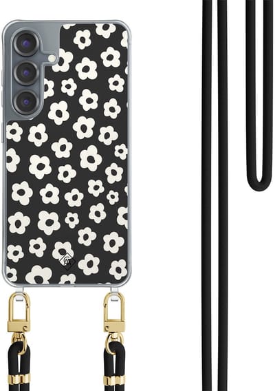 Casimoda® hoesje met koord - Geschikt voor Samsung S25 - Retro Bloempjes - Afneembaar koord - TPU/polycarbonaat - Zwart