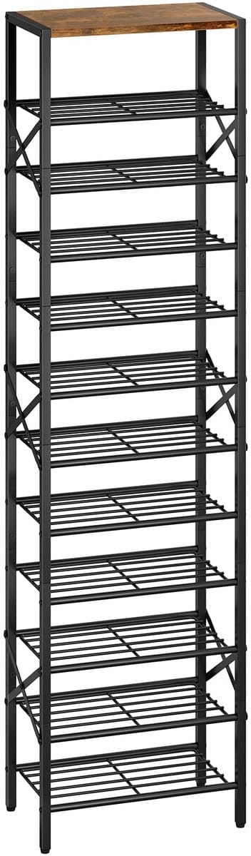 Smal schoenenrek met 10 etages, verticaal hoog schoenenrek met plank voor 20 paar schoenen, ruimtebesparend metalen schoenenrek voor entree, hal, woonkamer, rustiek bruin en zwart TXJ011H