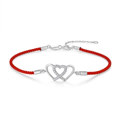 New Bling 9NB-1705 – Zilveren macramé armband rood – Hartjes – Met zirkonia – Zilverkleurig/Rood – 925 zilver – Verstelbaar 16+2 cm
