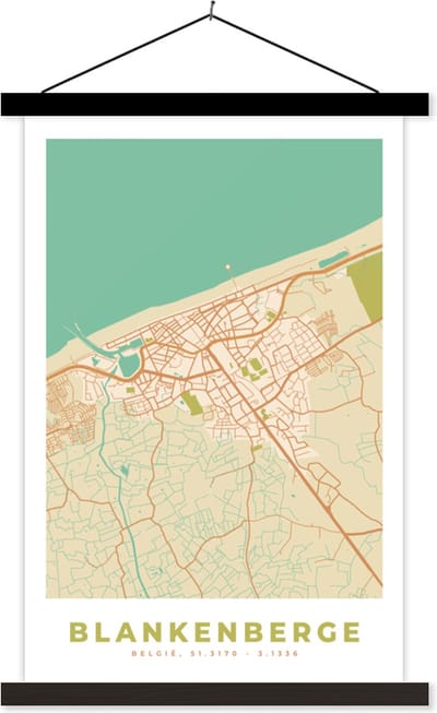 Posterhanger incl. Poster 40x60 cm - Schoolplaat - Plattegrond - België - Kaart - Vintage - Blankenberge - Stadskaart - Textielposter - Zwarte latten - Stadskaart