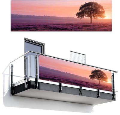 Balkonscherm 300x95 cm - Balkonposter Boom - Heide - Zonsopgang - Balkon scherm decoratie - Balkonschermen - Balkondoek zonnescherm