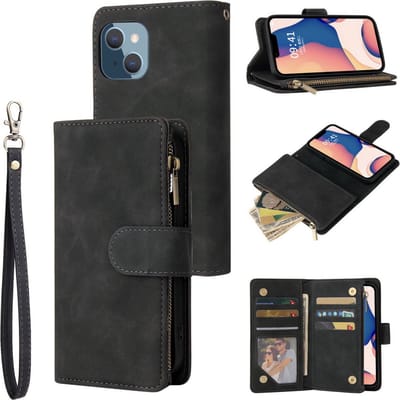 YPCd Wallet Case Pasjeshouder met Rits – Geschikt voor Apple iPhone 14 Plus – Luxe Bookcase Hoesje met 6 Pasjesvakken & Polsbandje – Zwart