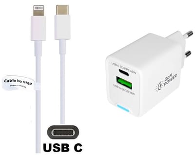 OneOne 45W super snellader met 2 poorten + 0,95m OneOne USB C naar Lightning kabel. PD lader. Oplader adapter past op Apple iPhone SE 2, iPhone 8, iPhone 8 Plus, iPhone 10, iPhone X, iPhone XR, iPhone XS, iPhone XS Max, iPhone 11
