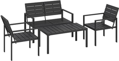 4-delige Tuinset van Polyrattan - Loungeset met 2-Zitsbank, 2 Fauteuils, Salontafel - Lattendesign - Tuinmeubelset voor 4 Personen - Tuinbank - Zitset - Tuinsalon voor 4 Personen - Zitgroep - voor Terras, Balkon, Tuin - Zwart