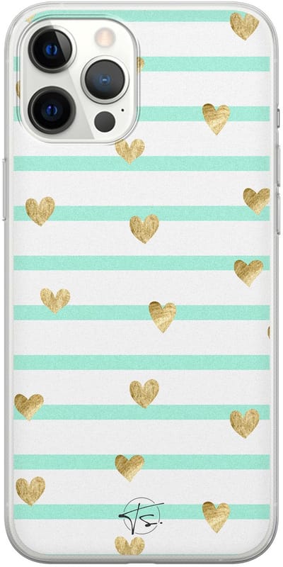 Hoesje geschikt voor iPhone 12 Pro Max - Mint hartjes - Soft Case - TPU - Print - Blauw - Mooie Telefoonhoesjes