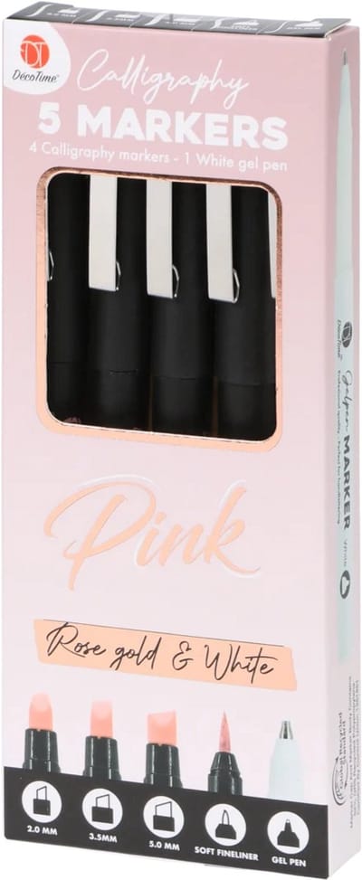 Decotime - 4 kalligrafeer markers roze goud + 1 gelpen wit - kalligrafie pennen stiften - kalligafeerstiften pink