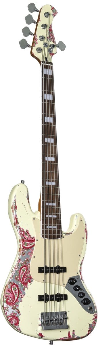 Fame Custom JB 5 Worn Vintage White over Pink Paisley - Elektrische basgitaar