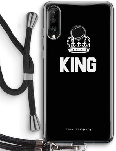 Case Company® - Hoesje met koord geschikt voor Huawei P30 Lite hoesje met Koord - King zwart - Telefoonhoesje met Zwart Koord - Bescherming aan alle Kanten en Over de Schermrand