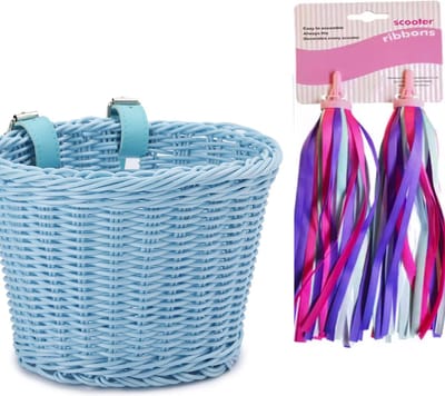 Mandje kinderfiets loopfiets - gevlochten kunststof rotan riet - verstelbare bandjes blauw + stuurslingers