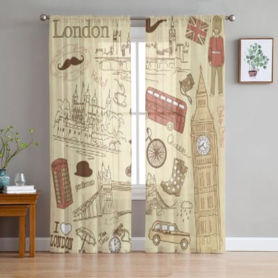 Vintage London Doodles Transparante Gordijnen voor Woonkamer Transparante Tule Raamdecoratie Slaapkamer Keuken Huisdecoratie Sluier Gordijnen 135W x 114H(cm)