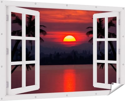 Gards Tuinposter Doorkijk Zonsondergang op het Strand met Palmbomen - 180x120 cm - Tuindoek - Tuindecoratie - Wanddecoratie buiten - Tuinschilderij