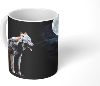 Mok - Koffiemok - Wolf - Maan - Nacht - Dieren - Portret - Mokken - 350 ML - Beker - Koffiemokken - Theemok