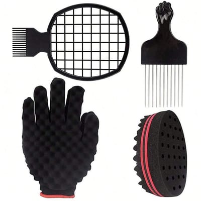 Ensemble de 4 peignes pour cheveux afro avec éponge Magic Twist and Curl pour coiffure africaine tressée, éponge pour cheveux bouclés emmêlés et peigne à aiguille en acier 4pcs