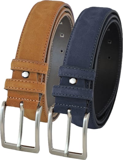 Landley Suede Pantalon Riemen Set - Suède Leren Heren Riemen Duopack - Leer - Cognac en Blauw - Lengte totaal 110 cm / Riemmaat 95