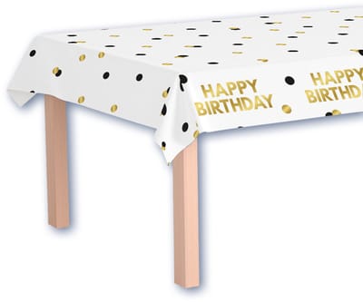 BTH – Happy Birthday Tafelkleed – Zwart-Wit-Goud – Verjaardag Celebration Decoratie