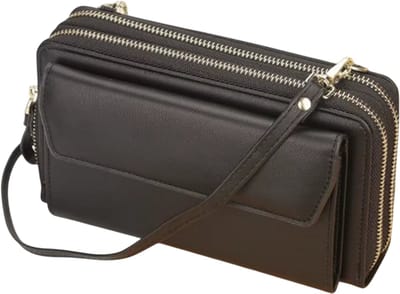 Dames Lange Portemonnee Crossbody Tas - Grote Capaciteit Clutch met Dubbele Rits, Schoudertas voor Mobiele Telefoon en Kaarten - Zwart