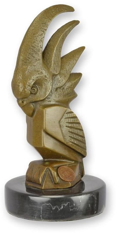 Art deco kaketoe beeld auto mascotte van brons – decoratief bronzen papegaaibeeld op marmeren sokkel – vintage interieur & verzamelobject