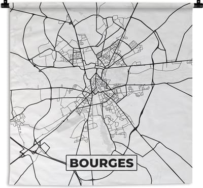Wandkleed - Wanddoek - Bourges - Frankrijk - Stadskaart - Plattegrond - Kaart - Zwart wit - 180x180 cm - Wandtapijt