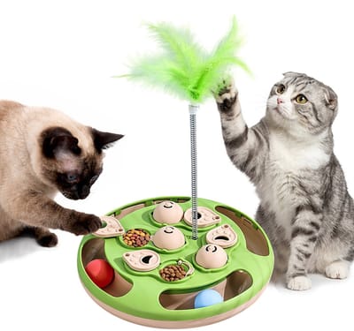 MAGICSHE 3-In-1 Interactief Kattenspeelgoed - Intelligentie Puzzel & Slowfeeder - Katten Speelgoed Met Veren & Balletjes - 27,5 X 27,5 Cm Groen