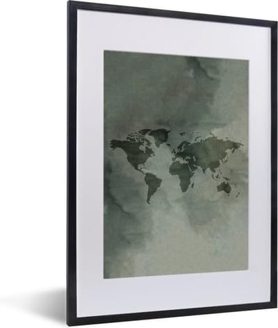 Poster in lijst - Fotolijst 30x40 cm - Posters - Wereldkaart - Aquarelverf - Groen - Grijs - Posterlijst zwart - Decoratie - Wanddecoratie woonkamer - Muurdecoratie slaapkamer
